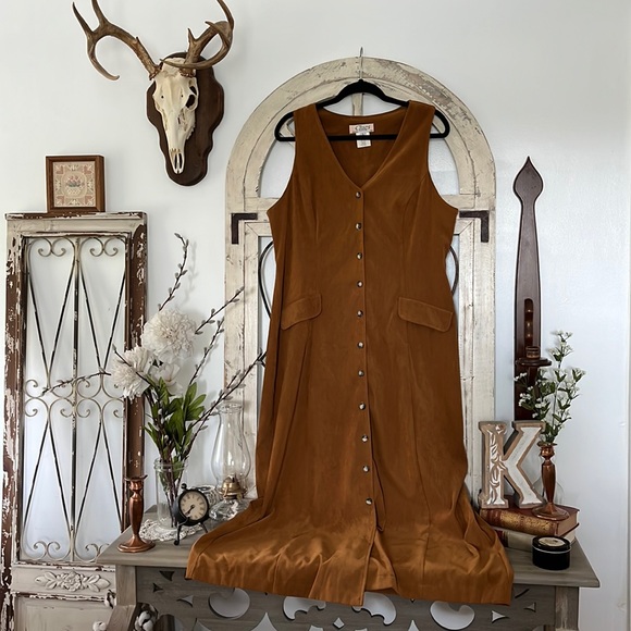 Vintage Maxi Suede Dress with Brown Plaid Faux and Patchwork Belt